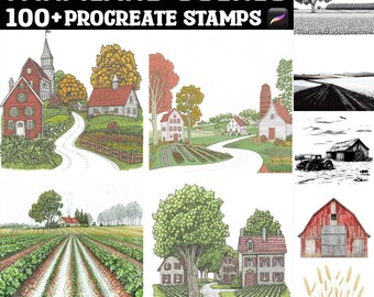 May include: Digital art set titled "Farmland Scenes" with over 100 Procreate stamps. The image features various illustrations of rural landscapes, including houses, barns, fields, and winding roads, all in a detailed, hand-drawn style.