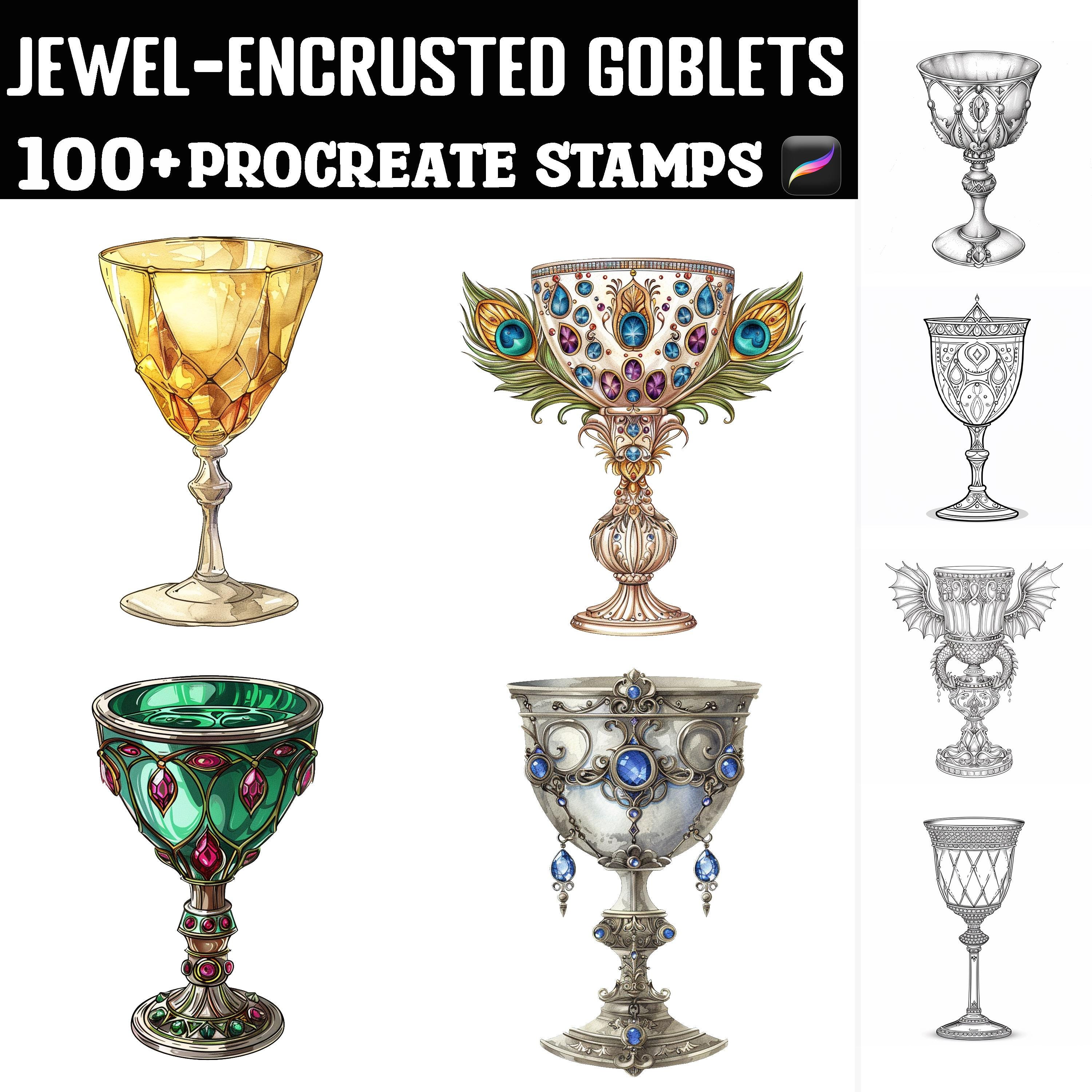 100+ sellos de Procreate de copas con incrustaciones de joyas | Pinceles de cálices ornamentados | Descarga instantánea