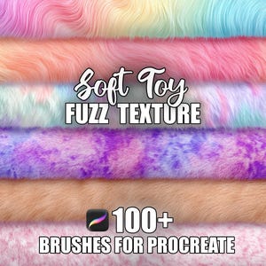 Może przedstawiać: Obraz warstwowy prezentujący różne miękkie, rozmyte tekstury w pastelowych kolorach, w tym różowym, pomarańczowym, niebieskim i fioletowym. Tekst nałożony brzmi "Soft Toy Fuzz Texture" i "100+ Brushes for Procreate."