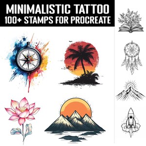 May include: A set of 100+ minimalist tattoo stamps for Procreate. The stamps feature a variety of designs, including a compass, a palm tree, a dreamcatcher, mountains, a lotus flower, and a rocket ship.