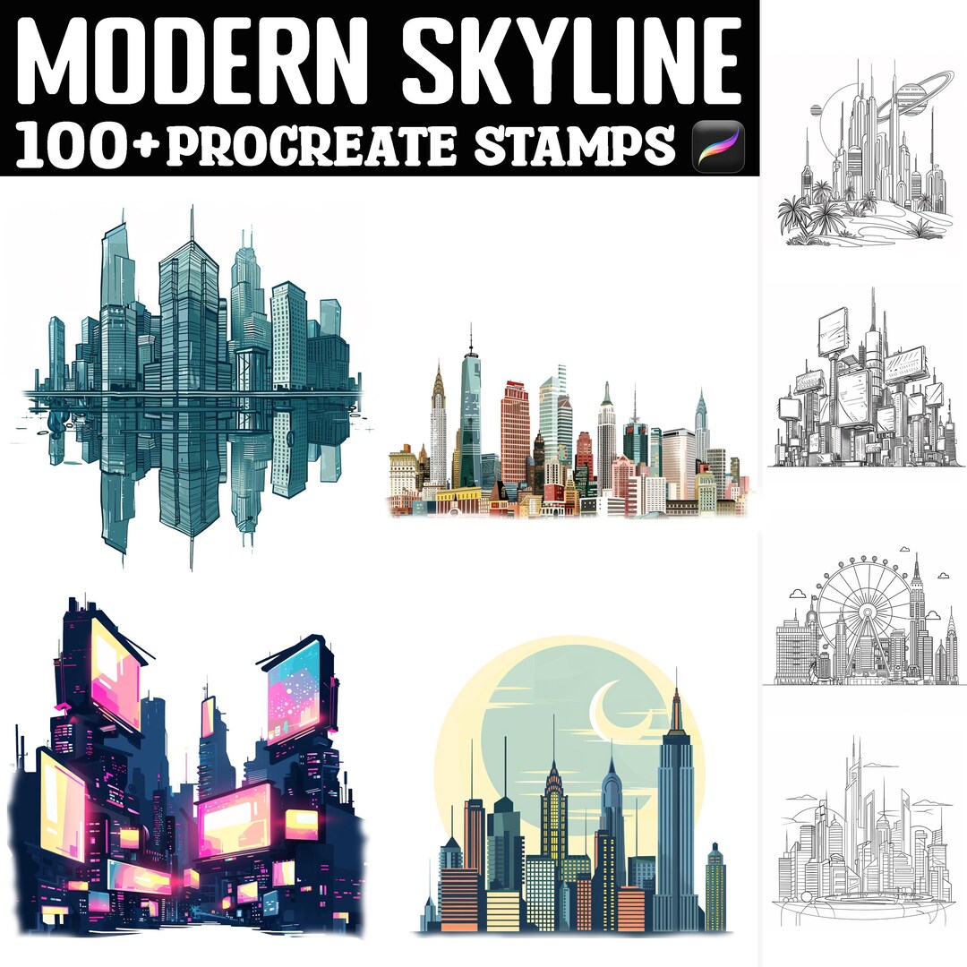 100+ Modern Skyline Procreate Stamps | Procreate Brushes | Instant ...