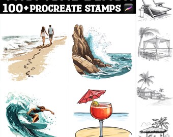 100+ Tropical Beach Procreate Stamps | Procreate Brushes | Instant Digital Download