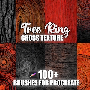 May include: A digital art graphic featuring various wood textures and tree ring patterns in black, red, and orange. The text "Tree Ring Cross Texture" and "100+ Brushes for Procreate" are displayed.