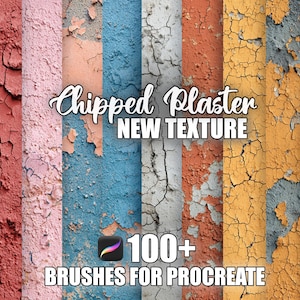 May include: A digital art graphic featuring a variety of colorful, textured backgrounds with chipped plaster effects. The text "Chipped Plaster NEW TEXTURE" and "100+ BRUSHES FOR PROCREATE" are displayed. The Procreate app logo is also visible.
