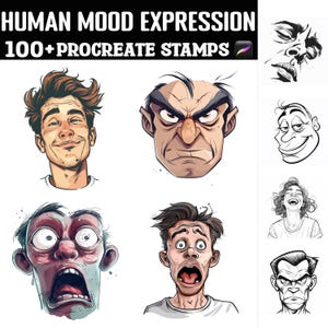 Puede incluir: Un conjunto de más de 100 sellos digitales que presentan varias caras de dibujos animados que expresan diferentes emociones humanas. Los sellos están diseñados para su uso en la aplicación Procreate.