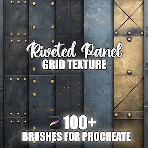 Puede incluir: Imagen de texturas de rejilla de paneles remachados. Los paneles son en tonos grises, azules y bronce, con remaches dorados. Superposición de texto que dice "Riveted Panel GRID TEXTURE" y "100+ BRUSHES FOR PROCREATE".