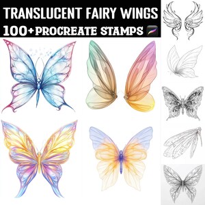 May include: Digital art featuring translucent fairy wings and butterfly designs in various colors, including blue, pink, yellow, and orange. The text "TRANSLUCENT FAIRY WINGS" and "100+ PROCREATE STAMPS" are displayed at the top.