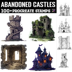 May include: A set of 100+ digital stamps featuring illustrations of abandoned castles in various styles. The stamps are designed for use in Procreate, a digital art app.