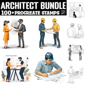 May include: An image featuring the text "ARCHITECT BUNDLE" and "100+ PROCREATE STAMPS". The image also contains illustrations of architects, construction workers, and architectural designs, including people wearing VR headsets and working on blueprints.