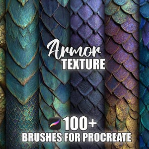Puede incluir: Imagen de arte digital que muestra varias texturas de armadura en tonos verdes, azules, morados y dorados. El texto "Armor TEXTURE" se muestra en blanco, junto con "100+ BRUSHES FOR PROCREATE".