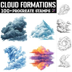 May include: A set of 100+ digital stamps featuring various cloud formations. The stamps are designed for use in the Procreate app. The image shows a variety of cloud shapes, including fluffy white clouds, dark storm clouds, and swirling clouds.