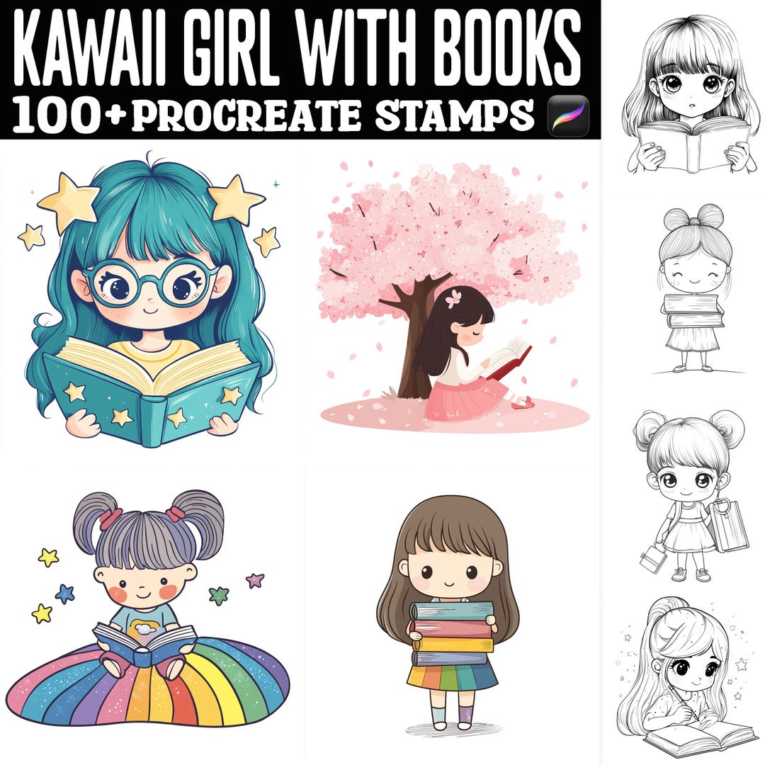 100+ Kawaii Girl With Books Procreate Stamps | Procreate Brushes ...