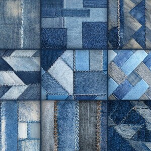 May include: A patchwork design featuring nine squares of denim fabric in various shades of blue. Each square showcases a unique pattern, including geometric shapes, stripes, and textured details, all stitched together to create a cohesive design.