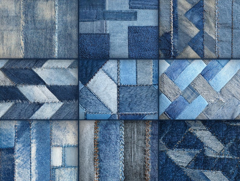 May include: A patchwork design featuring nine squares of denim fabric in various shades of blue. Each square showcases a unique pattern, including geometric shapes, stripes, and textured details, all stitched together to create a cohesive design.