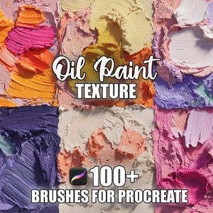 Puede incluir: Imagen de arte digital con pinceladas de pintura al óleo texturizadas en varios colores, incluyendo naranja, rosa, morado y amarillo. El texto "Oil Paint TEXTURE" y "100+ BRUSHES FOR PROCREATE" se muestra en la imagen.