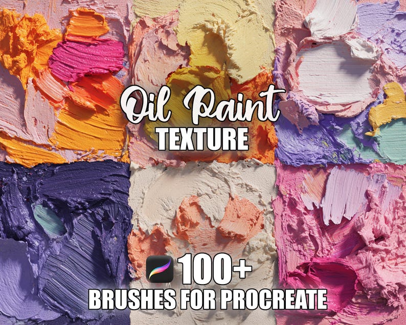 K&ouml;nnte beinhalten: Digitales Kunstbild mit strukturierten &Ouml;lfarben-Pinselstrichen in verschiedenen Farben, darunter Orange, Rosa, Lila und Gelb. Der Text "Oil Paint TEXTURE" und "100+ BRUSHES FOR PROCREATE" ist auf dem Bild zu sehen.