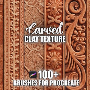 May include: Close-up of a carved clay texture with various floral and ornamental designs in shades of brown and beige. The image includes the text "Carved Clay Texture" and "100+ Brushes for Procreate".