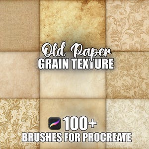 May include: A digital art graphic featuring nine textured squares in shades of beige and brown. The text "Old Paper Grain Texture" is displayed in a stylized font. The image also includes the text "100+ Brushes for Procreate" and the Procreate app icon.