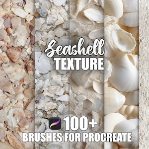 May include: An image showcasing a variety of seashell textures, with a sandy background. The text overlay reads "Seashell Texture" and "100+ Brushes for Procreate". The image features a Procreate app icon.