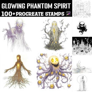 Op de afbeelding: Digitale kunstset getiteld "Glowing Phantom Spirit" met meer dan 100 Procreate-stempels. De afbeelding bevat verschillende illustraties van spookachtige figuren, waaronder een skeletachtig spook, een spook met boomachtige ledematen en een octopusachtig wezen met schedelvormige hoofden.