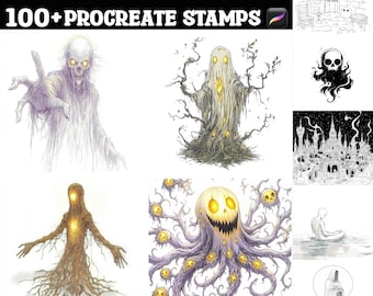 Mais de 100 carimbos Procreate com espíritos fantasmas brilhantes | Pincéis Procreate | Download digital instantâneo