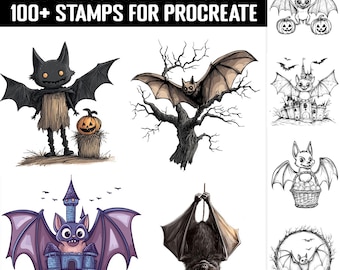 100+ Halloween-tema fladdermus Procreate-stämpel | Procreate-penselpaket | Direkt digital nedladdning