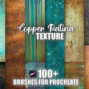 Peut inclure: Graphique d'art numérique présentant diverses textures de patine de cuivre dans des tons de turquoise, de marron et d'or. Le texte "Copper Patina TEXTURE" est affiché en cursive, avec "100+ BRUSHES FOR PROCREATE" en dessous. Le logo de l'application Procreate est également visible.
