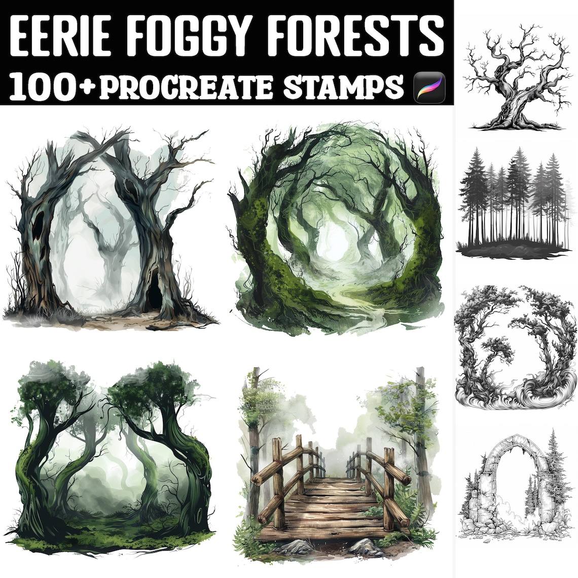 100+ Eerie Foggy Forest Procreate Stamps | Procreate Brushes | Instant ...