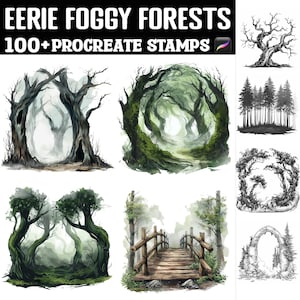 100+ Eerie Foggy Forest Procreate Stamps | Procreate Brushes | Instant Digital Download