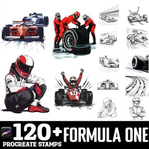 以下が含まれることがあります： 120種類以上のフォーミュラ1 Procreateスタンプセット。レースカー、ドライバー、トラックの白黒イラストが特徴です。デジタルアートやデザインの作成に最適です。