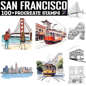 May include: A set of 100+ digital stamps featuring illustrations of iconic San Francisco landmarks, including the Golden Gate Bridge, cable cars, and cityscapes. The stamps are designed for use in the Procreate app.
