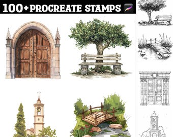 Może przedstawiać: Zestaw ponad 100 stempli Procreate z ilustracjami klasztornych dziedzińców. Stempelki zawierają różne elementy, takie jak łukowe drzwi, mosty, ławki, drzewa i mały kościół.
