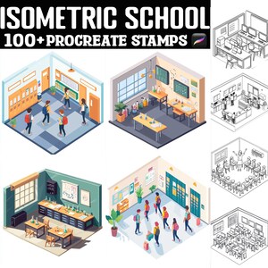 May include: A set of 100+ Procreate stamps featuring isometric illustrations of a school. The stamps include various school rooms, such as a classroom, a library, a hallway, and a science lab. The stamps are perfect for creating digital art and illustrations.