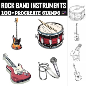 May include: A set of 100+ Procreate stamps featuring illustrations of rock band instruments, including a bass guitar, electric guitar, snare drum, microphone, and a microphone stand. The illustrations are in a hand-drawn style.