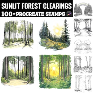 以下が含まれることがあります： 日当たりの良い森の空き地を特徴とする100種類以上のデジタルスタンプのセット。スタンプは白黒で描かれており、木々、小道、虹など、さまざまな森の風景が描かれています。スタンプは、デジタルアートに自然のタッチを加えるのに最適です。