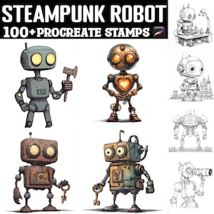 May include: A set of 100+ digital stamps featuring steampunk robots in various poses and styles. The stamps are designed for use in the Procreate app.
