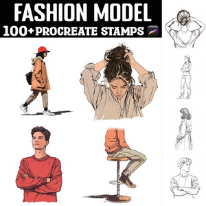 May include: A set of 100+ digital stamps for Procreate featuring fashion model illustrations. The stamps include various poses and styles, including a person sitting on a stool, a person with their arms crossed, and a person with their hair pulled back.