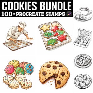 Puede incluir: Una ilustración digital de un conjunto de más de 100 sellos de galletas para Procreate. La imagen muestra una variedad de galletas, incluyendo galletas con chispas de chocolate, galletas de jengibre y galletas de azúcar. Las galletas están dibujadas en un estilo realista y son perfectas para usar en arte digital y diseño.