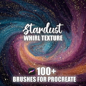 May include: A digital art image with a swirling galaxy design in shades of blue, purple, and gold. The text "Stardust WHIRL TEXTURE" is displayed in white script. The image also includes the text "100+ BRUSHES FOR PROCREATE".