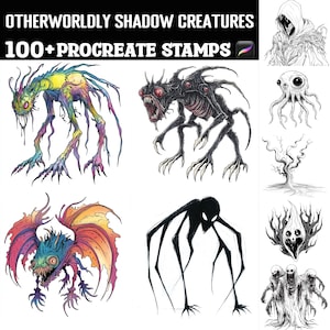 Puede incluir: Un conjunto de más de 100 sellos digitales con ilustraciones de criaturas de sombra de otro mundo. Los sellos están diseñados para su uso en la aplicación Procreate. Las criaturas se representan en diversas poses y estilos, incluyendo una criatura colorida con piel de color arcoíris, una criatura negra con ojos rojos, una criatura con tentáculos, una criatura con alas y una criatura con patas largas.