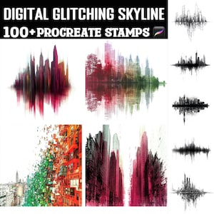 May include: Digital art featuring glitching skyline designs. The image includes various colorful cityscapes with a digital art style. Text at the top reads "DIGITAL GLITCHING SKYLINE" and "100+ PROCREATE STAMPS".