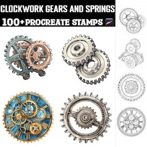 Könnte beinhalten: Ein Set mit über 100 Procreate-Stempeln mit filigranen Uhrwerkgetrieben und Federn. Die Stempel sind in Schwarzweiß und Farbe gehalten und umfassen verschiedene Designs von Zahnrädern, Federn und Zifferblättern.