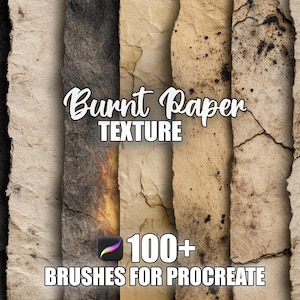 Pode incluir: Gráfico de arte digital com uma variedade de fundos de papel texturizado. A imagem inclui o texto "Burnt Paper Texture" e "100+ Brushes for Procreate". As texturas de papel variam em cores de preto a creme, com rachaduras e marcas de queimadura visíveis.