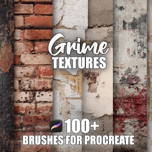 May include: An image featuring a collection of grunge textures, such as brickwork, flaking paint, and aged surfaces. The words "Grime TEXTURES" are displayed, alongside "100+ BRUSHES FOR PROCREATE" and the Procreate app logo. The colour scheme includes browns, reds, greys, and white.