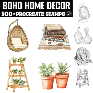 May include: A set of 100+ digital stamps for Procreate featuring boho home decor elements. The stamps include a hanging wicker chair, a stack of woven blankets, a rug, potted plants, a wooden shelf, and a variety of vases.