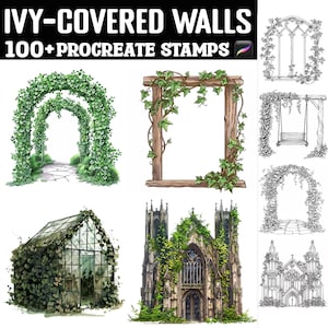 May include: A digital illustration set of 100+ Procreate stamps featuring ivy-covered walls, arches, windows, and a greenhouse. The stamps are in both color and black and white.