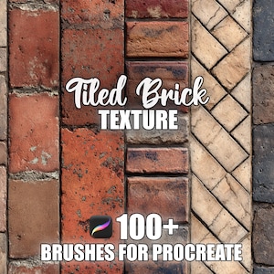 May include: A digital art graphic showcasing diverse tiled brick textures in red, brown, and grey hues. The text "Tiled Brick Texture" is displayed in a stylized font, alongside "100+ Brushes for Procreate".