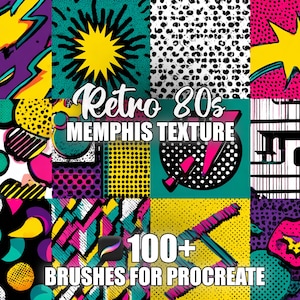 Può includere: Un'immagine di arte digitale colorata con motivi Memphis anni '80. L'immagine presenta una griglia di motivi dai colori vivaci, tra cui forme geometriche e design audaci. Il testo recita "Retro 80s Memphis Texture" e "100+ Brushes for Procreate".