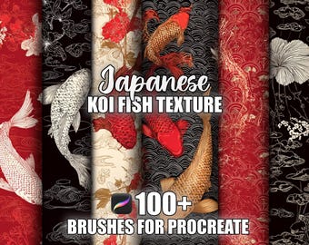 May include: A digital art graphic featuring Japanese koi fish textures in red, black, and cream colors. The image includes the text "Japanese Koi Fish Texture" and "100+ Brushes for Procreate". The design showcases various koi fish illustrations and floral patterns.