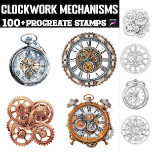 Puede incluir: Un conjunto de más de 100 sellos de Procreate que presentan intrincados mecanismos de relojería. Los sellos incluyen varios diales de reloj, engranajes y otros diseños inspirados en el steampunk. Los sellos son perfectos para agregar un toque de encanto vintage a tu arte digital.